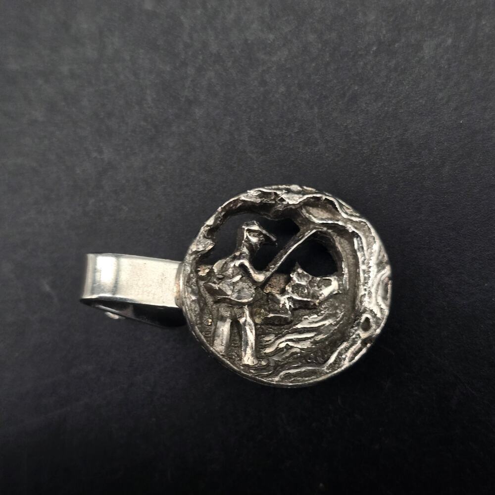 Fishing Scene Tie Tack Clip Silver Tone Fisherman's Gift Vintage - Picture 2 of 5
